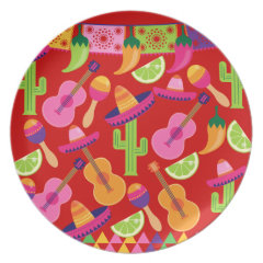 Fiesta Party Sombrero Limes Guitar Maraca Saguaro Dinner Plates