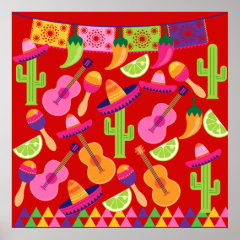 Fiesta Party Sombrero Limes Guitar Maraca Saguaro Posters