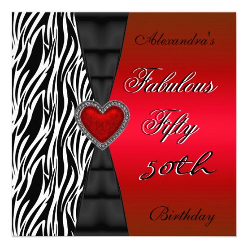 Fifty 50th Birthday Party Red Zebra Wild Black 2 Custom Invitations