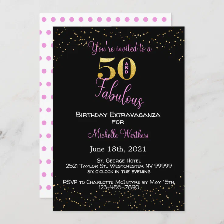 Fifty Fabulous Birthday Black Pink Gold Glitter Invitation Zazzle