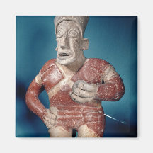 Figurine of a tlachtli player wearing a helmet fridge magnets