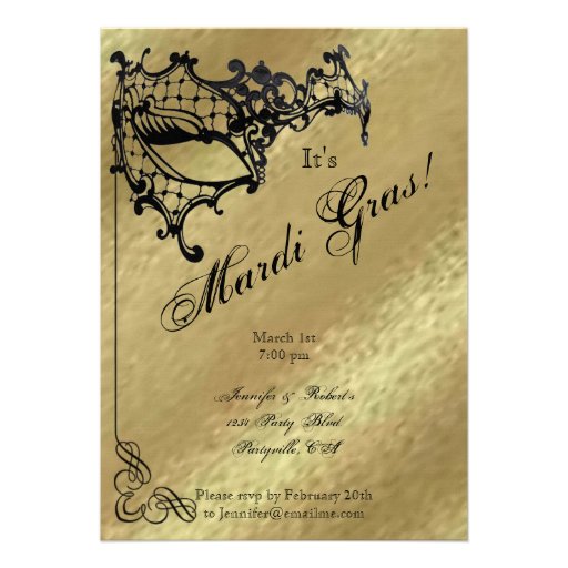 Filigree Mask on Gold Mardi Gras Party Announcement