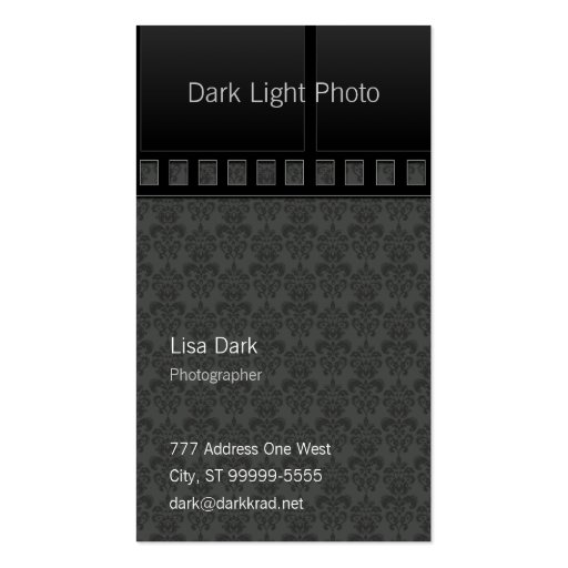 Film Photo Photographer on Medium Damask Business Card Templates (front side)