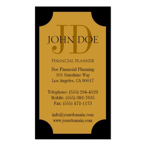 Financial Planner Black/Yellow Gold Plaque Business Card (back side)