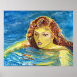 Fine Art Redhead Female Swimmer in Blue Water Print