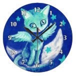 Finger Painted Kitty Cat On Moon With Stars Wallclocks