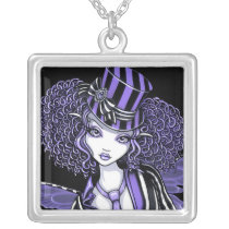purple, fairy, stripes, couture, tophat, faerie, violet, lavender, steampunk, gothic, fantasy, art, mykajelina, fiona, Necklace with custom graphic design