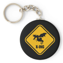 Fire Breathing Dragon Crossing Street Sign Keychain