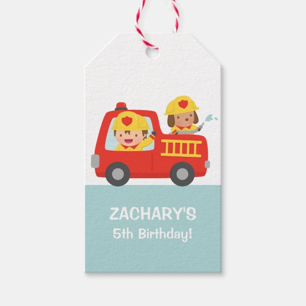 Fire fighter Boy in Red Fire Truck Birthday Party Pack Of Gift Tags