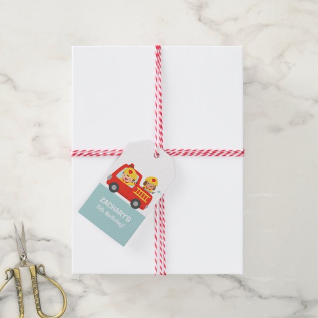 Fire fighter Boy in Red Fire Truck Birthday Party Pack Of Gift Tags-2