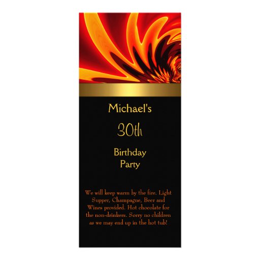 Fire Gold Black 30th Birthday Party Long Invitations (front side)