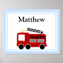Fire Truck Blue Stripes Personalized Name Wall Art Posters