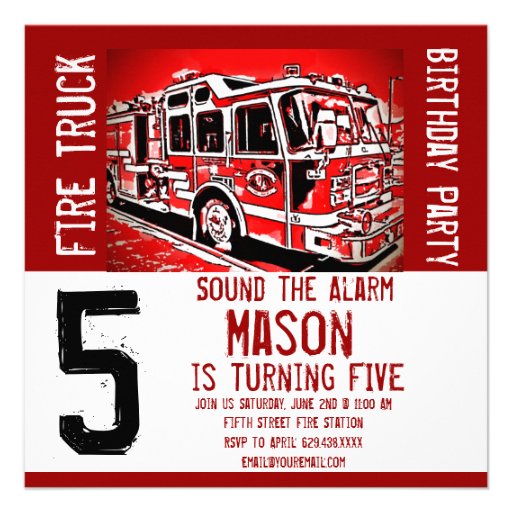 Fire Truck Engine Firefighter Birthday Invitations (front side)