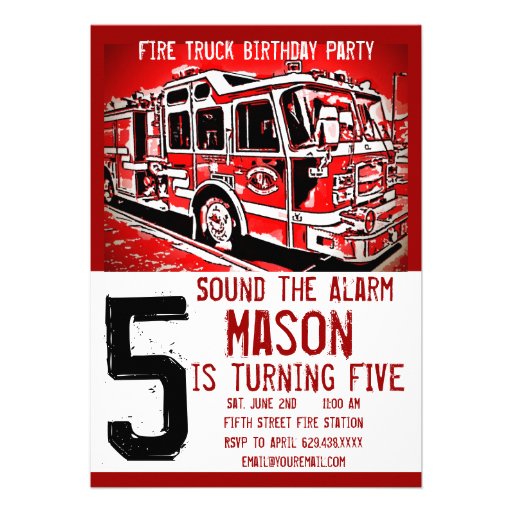 Fire Truck Engine Firefighter Birthday Invitations (front side)