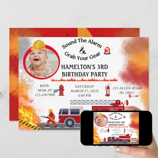 Fire Truck Firefighter Birthday Party Invitation Zazzle