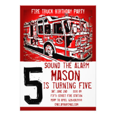 Fire Truck Firefighter Kids Birthday Invitations