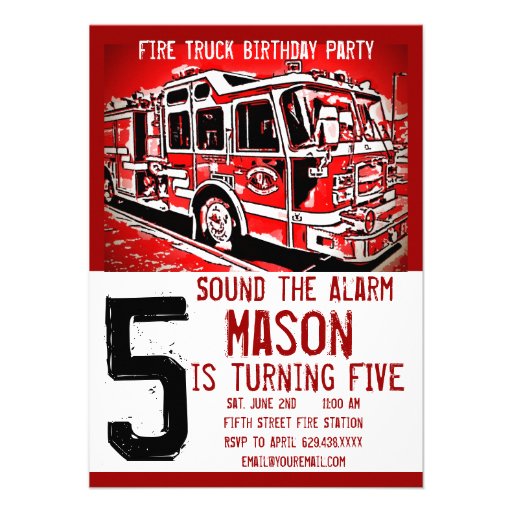 Fire Truck Firefighter Kids Birthday Invitations (front side)