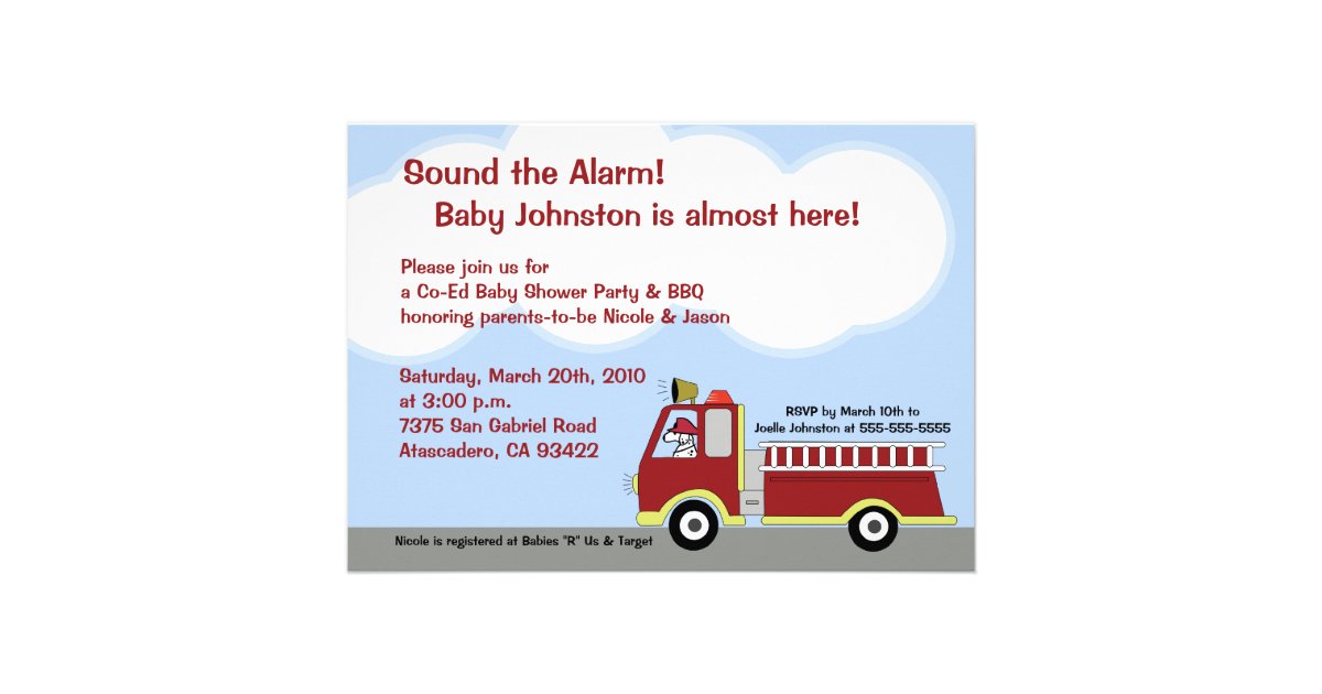 Fire Truck Firemen 5x7 Baby Shower Invitation