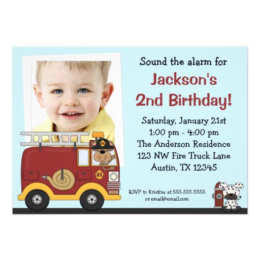 Fire Truck Monkey Photo Birthday Party Invitations