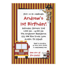 Fire Truck Monkey Stripes Birthday Invitations