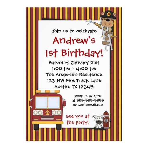 Fire Truck Monkey Stripes Birthday Invitations