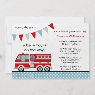 Fire Truck Polka Dot Banner Boy Baby Shower Personalized Invites