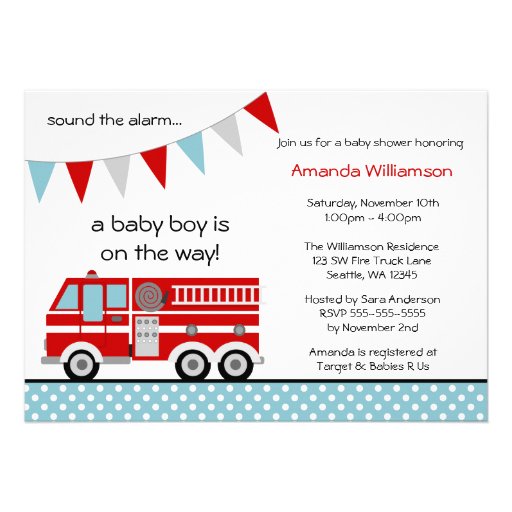 Fire Truck Polka Dot Banner Boy Baby Shower Personalized Invites
