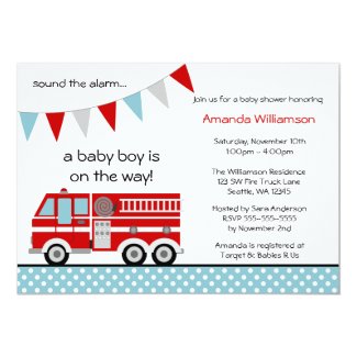 Fire Truck Polka Dot Banner Boy Baby Shower 5x7 Paper Invitation Card