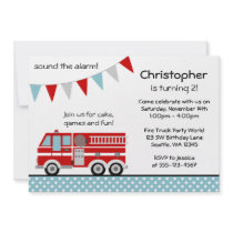 Fire Truck Polka Dot Banner Boy Birthday Party Personalized Invitation