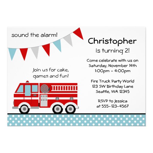 Fire Truck Polka Dot Banner Boy Birthday Party Personalized Invitation (front side)