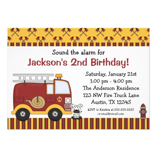 Fire Truck Red Stripes Birthday Party Invitations