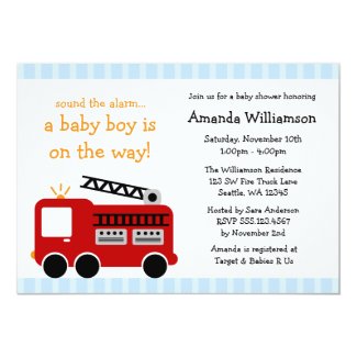 Fire Truck Stripes Boy Baby Shower Invitations