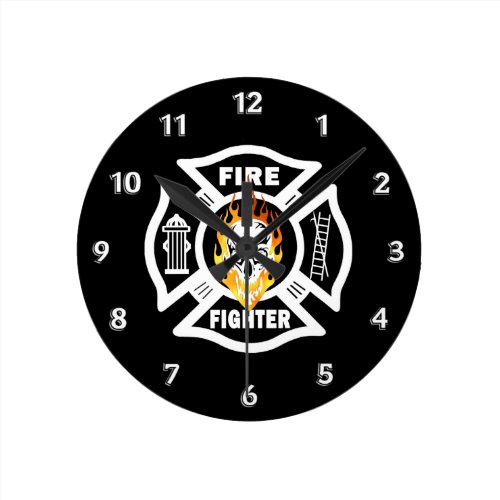 Firefighter Flaming Skull Round Wall Clock