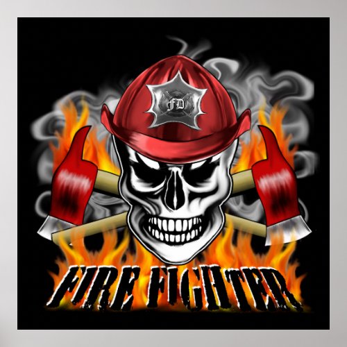 Firefighter Skull 4 and Flaming Axes Poster
