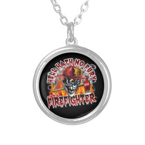 Firefighter Skull 5 and Flames Round Pendant Necklace