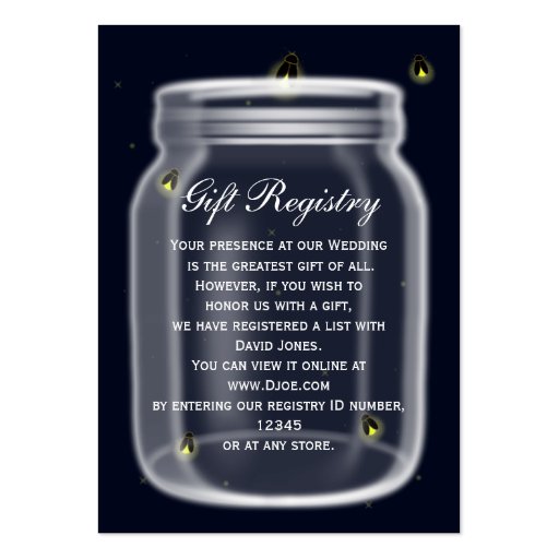 fireflies mason jar Gift registry  Cards Business Card Templates (front side)