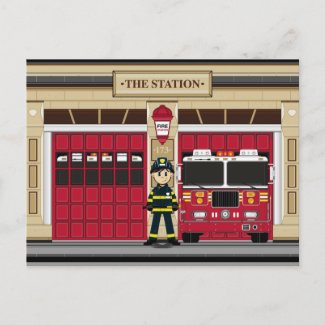 Fireman with Fire Engine Postcard postcard