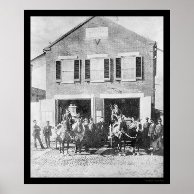 Firemen and Equipment in Front of Firehouse 1912 Poster