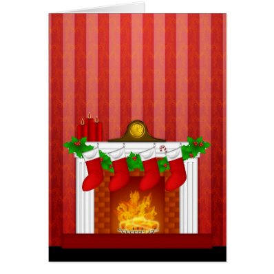 Fireplace with Christmas Decorations Red Wallpaper Greeting Cards