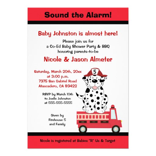 Firetruck and Dalmatian Engine 27 Baby Shower Invitations