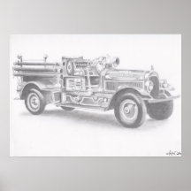 Firetruck pencil sketch large reprint poster