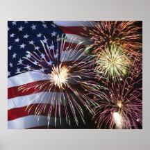 Fireworks and American flag Poster