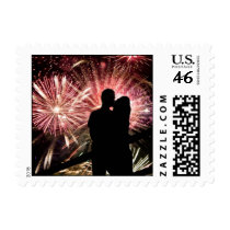 Fireworks Couple Kissing Silhouette Stamp