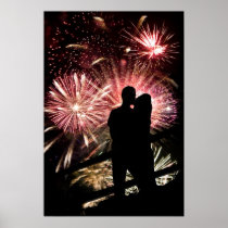 Fireworks Couple Kissing Silhouette Print