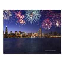 Fireworks over Chicago skyline 2 Post Card