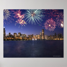 Fireworks over Chicago skyline 2 Poster
