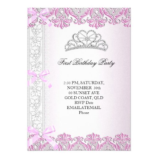 First 1st Birthday Party Girls Princess Pink Photo Custom Invite