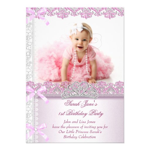 First 1st Birthday Party Girls Princess Pink Photo Custom Invite (front side)