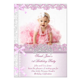 First 1st Birthday Party Girls Princess Pink Photo 4.5x6.25 Paper Invitation Card