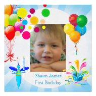 First Birthday 1st Boy Blue Balloons Bug Custom Announcements